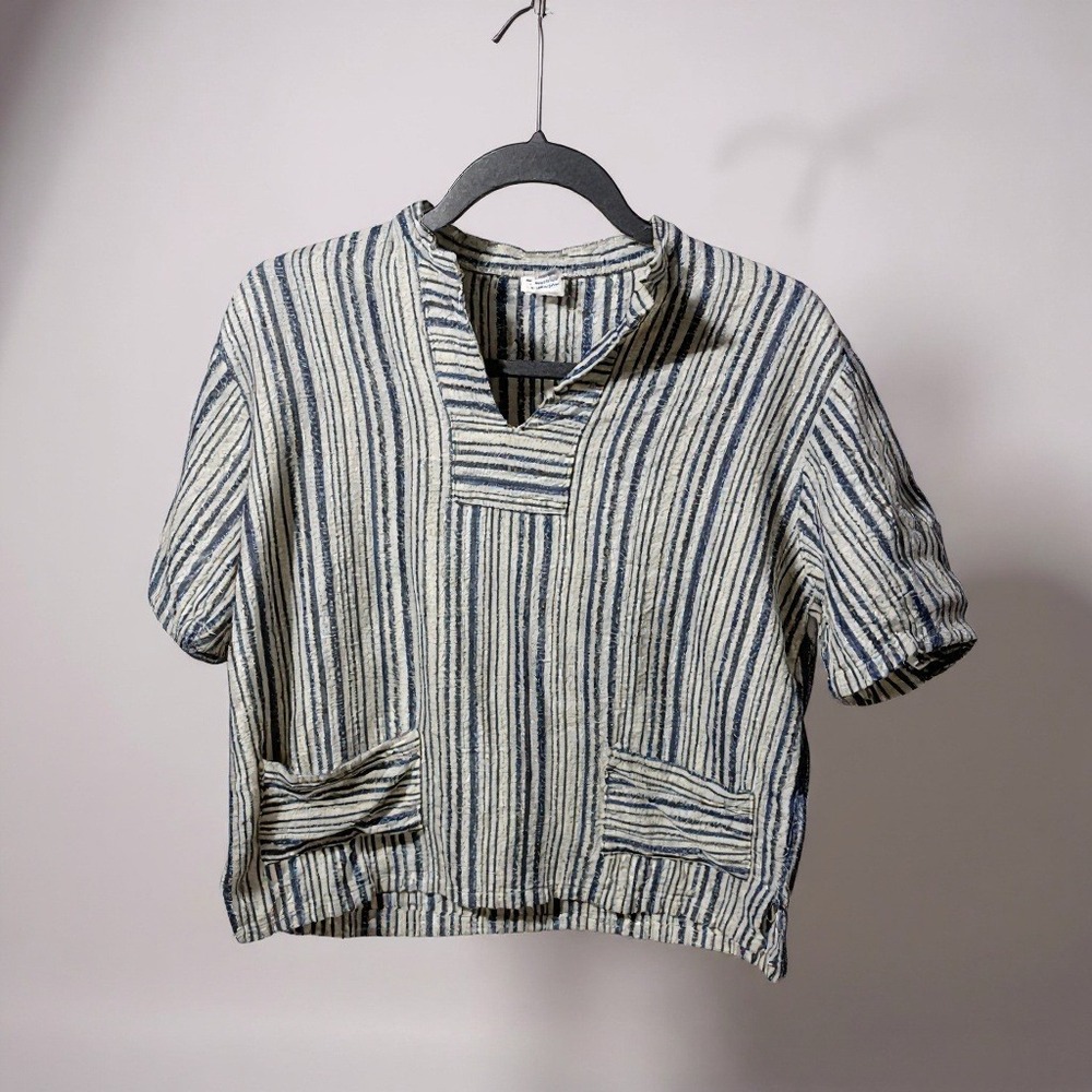 Olympic Grigoropoulos Gregory Cotton Striped V Neck Short Sleeve Top Size M
